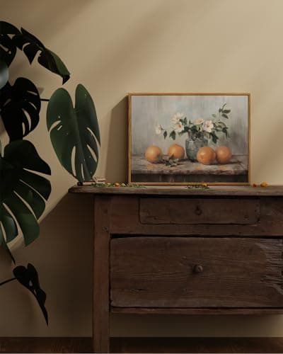ARPEOTCY Framed Canvas Wall Art, Farmhouse Vintage Wall Decor, Oranges Still Life Painting for Country Kitchen Bedroom Shelf, Rustic Cottagecore Pictures Decorations, 12x16inch