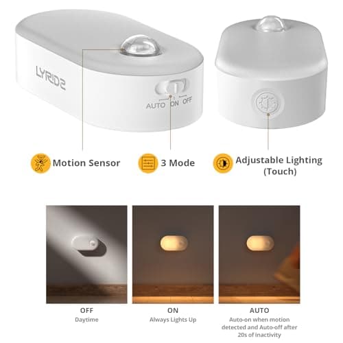 Lyridz Rechargeable Battery Night Light with Motion Sensor, Stick on Anywhere, 1-20LM Dimmable LED Nightlights for the Bedroom, Bathroom, Living Room, Kitchen, Stairs, Hallway, 4-Pack — view 2