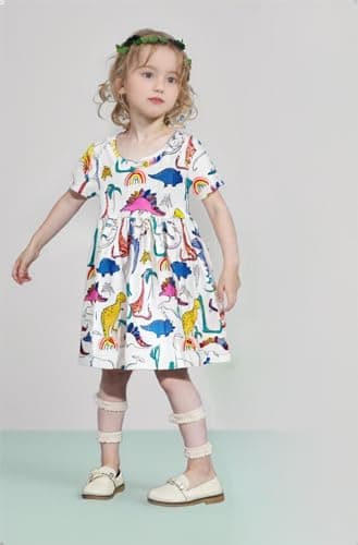Winzik Toddler Summer Dress, Little Girls Short Sleeve Cotton Casual Dresses Dinosaur Clothes 2-8 Years (3-4T, Colorful Dinosaur) — view 8