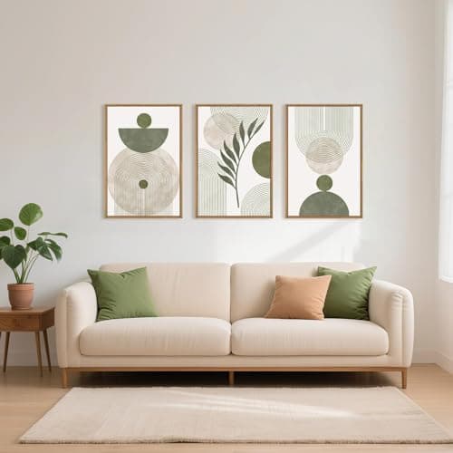 Ausril Large Sage Green Boho Wall Art,Botanical Framed Canvas Wall Art Set,Abstract Minimalist Beige and Green Wall Decor,Modern Geometric Leaf Line Boho Artwork for Living Room,Bedroom,Office 16 x24'' x3