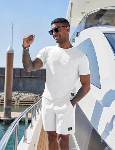 UOUA Mens Short Sets 2 Piece Summer Outfits Casual Short Sleeve Crew-Neck Shirts & Shorts Track Suit Jogging Loungewear, White M — view 2
