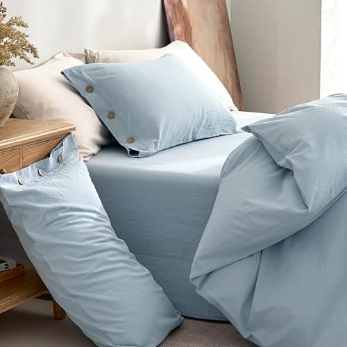 JELLYMONI 100% Washed Cotton Duvet Cover Queen – Soft, Breathable Linen-Look Bedding with Natural Wrinkle Texture, Button Closure, 3-Piece Set (Mist Blue, 90"x90") — view 8