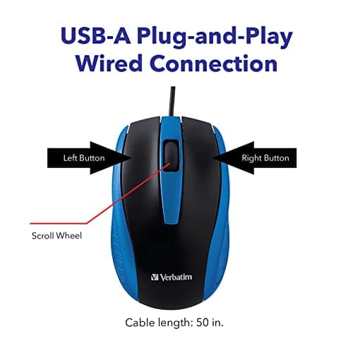 Verbatim Wired USB Computer Mouse - Corded USB Mouse for Laptops and PCs - Right or Left Hand Use, Blue 99743, 1.4" x 2.4" x 3.9" — view 5
