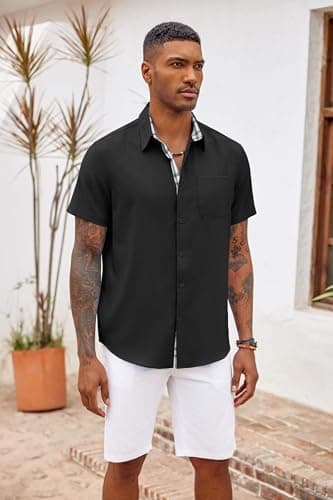 COOFANDY Men's Button Down Shirts Short Sleeve Casual Shirts Summer Beach Shirts Vacation Wedding Shirts with Pocket Black — view 2