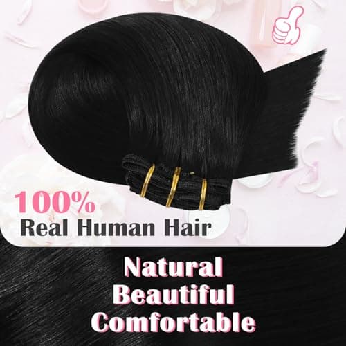Aison Hair Extensions for Women Natural Black Clip in Hair Extensions Real Human Hair 18 Inch 75G/7Pcs Soft Silky Straight 16clips(18 Inch #1B) — view 2