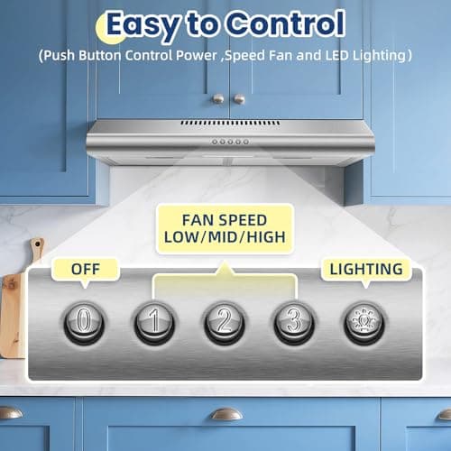 Zomagas 24 inch Range Hood Under Cabinet, Stainless Steel Range Hood 280CFM, Slim Kitchen Stove Hood w/Push Button, Ducted/Ductless Convertible, 3 Speeds Exhaust Fan, LED Light and Carbon Filter — view 3