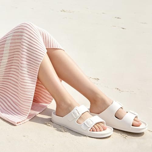 FUNKYMONKEY Women's Comfort Slides with Arch Support, Non-Slip Lightweight Foam Slip-on Flat Beach Sandals with Adjustable Buckle for Vacation & Everyday Wear(8 M US-Women, White) — view 2