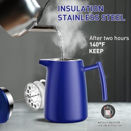Secura 50oz French Press Coffee Maker – 304 Stainless Steel, Insulated Coffee Press with Extra Filter, Blue — view 4