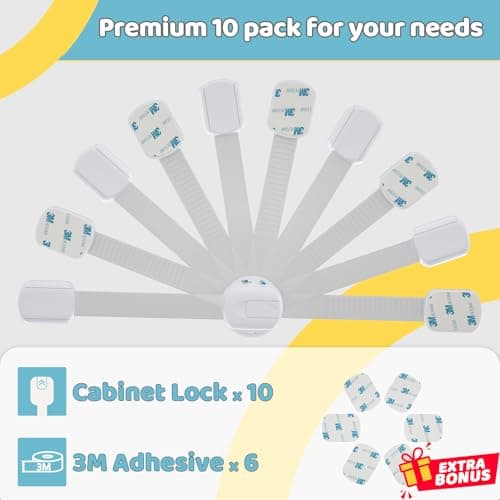 4our Kiddies 10 Pack Baby Proof Cabinet Locks, Child Safety Drawer Locks with 6 Extra 3M Adhesives, Childproof Cabinet Strap Locks for Drawers, Cupboards, Refrigerators, Adjustable No Drilling — view 4