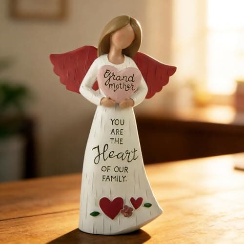 Grandmother Angel Figurine with Heart, Resin Family Love Statue, “You are the Heart of Our Family” Angel Decor, Sentimental Gift for Grandma, Nana, Grandmother Birthday