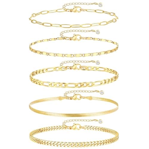iF YOU Gold Ankle Bracelets for Women, 14k Gold Plated Waterproof Cuban Link Chain Anklets Set, Layered Anklet Bracelets for Women Beach Gift Adjustable Size 5pc