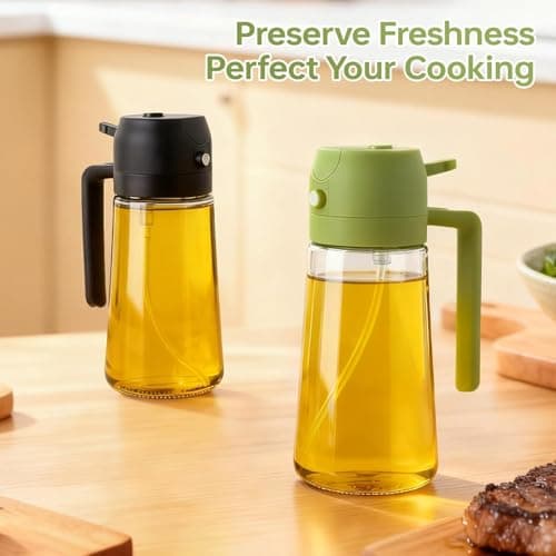 2Pack Glass Oil Sprayer for Cooking 16oz/470ml, 2 in 1 Oil Dispenser with Label Stickers & Portion Control, Kitchen Gadget for Air Fryer, Salad, BBQ, Frying（Black+Green） — view 5