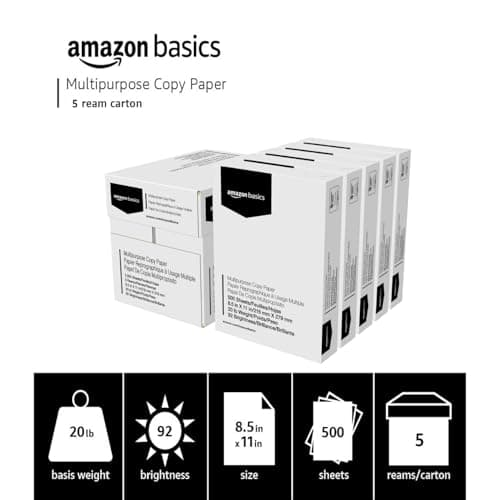 Amazon Basics Multipurpose Copy Printer Paper, 8.5" x 11", 20 lb, 5 Reams, 2500 Sheets, 92 Bright, White — view 2