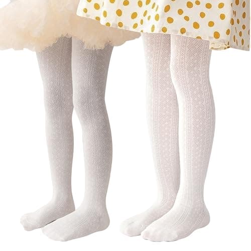 Miipat Baby Girl Tights Toddler Footed Leggings Mesh Lace Stockings 2 Pack Little Kids Hollow Pantyhose(WhiteGreyDiamondLace,2-4T)