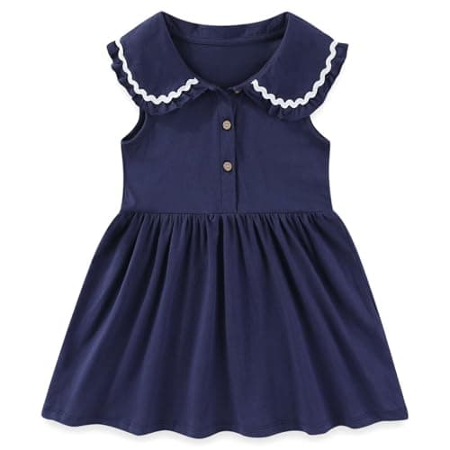 Winzik Girls Dress, Toddler Summer Short Sleeve Cotton Casual Ruffle Dresses Clothes 18M-7Y(5-6 Years, Solid Navy)