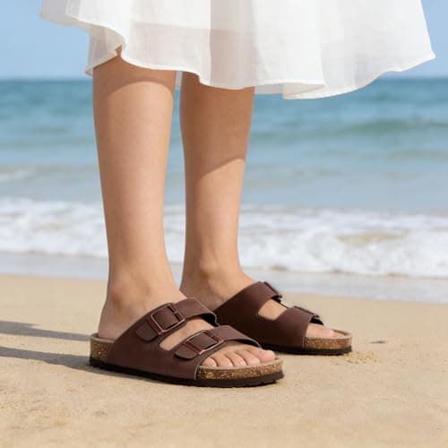 AUGCY Womens Sandal Cork Footbed Slide, Arch Support Slides for Women with Adjustable Buckle, Comfortable Summer Beach Outdoor Sandals