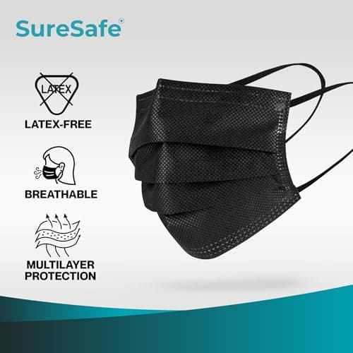 SURESAFE Premium Black Mask - Disposable Face Mask Pack of 100, 3 Ply face mask with Ear Loop, Women and Men Face Mask, High Filtration — view 4