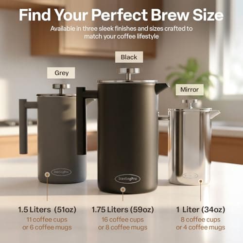 SterlingPro Extra Large Insulated Stainless Steel French Press Coffee Maker 59oz – Insulated Metal XL Double Wall Coffee Maker | Plastic Free | Cool-Touch | Mirror Finish | Makes up to 16 Cups /8 Mugs — view 3