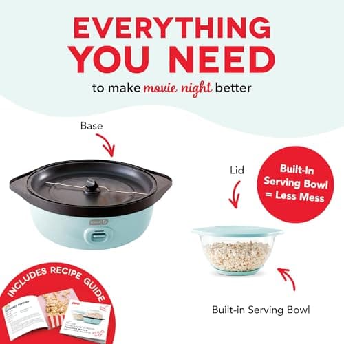 Dash SmartStore Deluxe Stirring Popcorn Maker - Hot Oil Electric Popcorn Popper with Butter-Warming Tray, Clear Serving Bowl, Storage Lid & Measuring Cup - 24 Cups, Aqua — view 4
