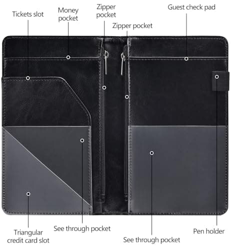 HerriaT Server Books for Waitress - Leather Waiter Book Server Wallet with Zipper Pocket, Cute Waitress Book&Waitstaff Organizer with Money Pocket Fit Server Apron（Classic Black） — view 2
