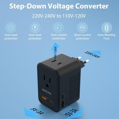 ANTPO 220V to 110V Voltage Converter US to Europe with 2 USB Port 2 USB C PD 20W,2 AC Outlets Travel Converter for European Travel Power Adapter Combo for Germany France Italy Spain (Black)