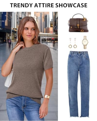 Arach&Cloz Women's Fashion Fall Spring Tops Vacation Cruise Outfits Summer Short Sleeve Sweaters Blouse Teacher Easter Clothing Business Casual Dressy Trendy 2026 (Coffee,M) — view 3