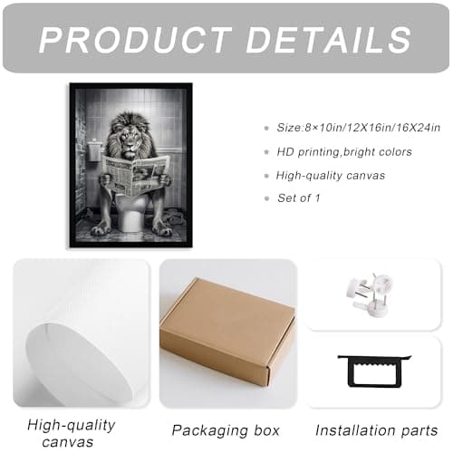 WRFON Framed Lion Bathroom Wall Art, Funny Lion Reading Newspaper on Toilet Bathroom Artwork, Black and White Animal Canvas Wall Painting, Modern Farmhouse Decoration for Home Decor, 8" W x 10" L — view 5