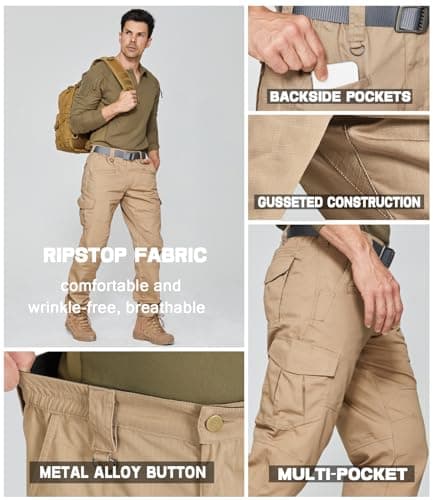 SPOSULEI Cargo Work Pants for Men Ripstop Tactical Pants Lightweight Water Resistant EDC Hiking Carpenter Hunting Pants with Multi Pockets Khaki 34Wx30L — view 4