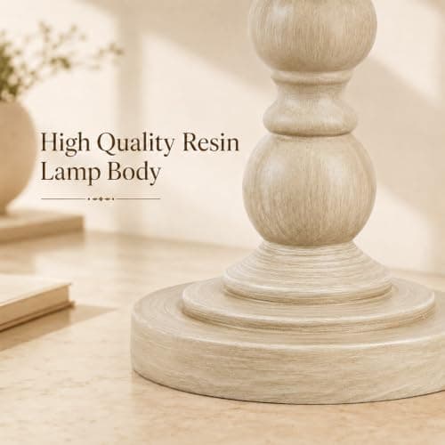 Farmhouse Table Lamps Set of 2, 21" Vintage Nightstand Desk Lamps with Linen Shades, Rustic Resin Bedside Lamps for Bedroom, Living Room, Office, Includes LED Bulbs with 3 light settings, Beige — view 2