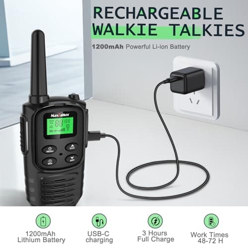 Walkie Talkies Long Range for Adult, MT10 Rechargeable Walkie Talkies FRS Two Way Radio, NOAA, 1200mAh Li-ion Battery USB-C Cable, LED Flashlight, VOX Walkie Talkie for Hiking Camping 2Pack — view 2