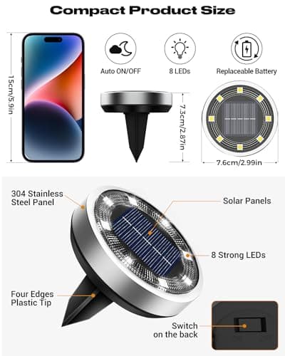 btfarm 16 Pack Solar Lights Outdoor, 8 LED Solar Ground Lights IP65 Waterproof Flat Solar Disc Light, Pathway Lights for Garden Lawn Patio Yard Path Landscape, Cool White — view 5