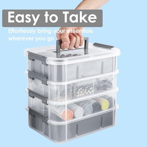 CraftGenes Grey&White Modern Plastic Storage Box - 4-Layer Durable Craft Storage Containers with 2 Removable Trays for Arts & Crafts Supplies, Sewing, Office, Seasonal Decor — view 4