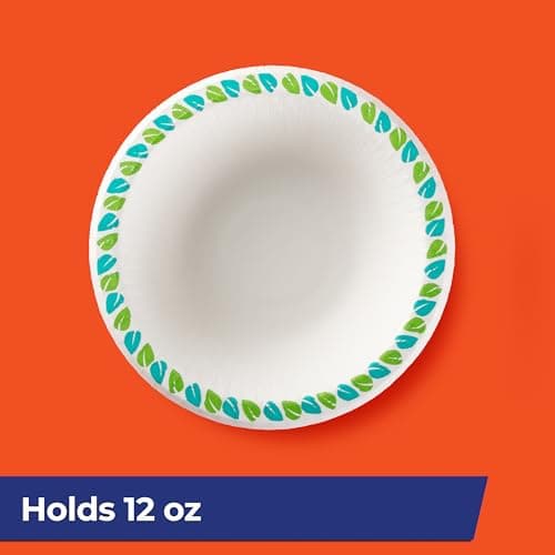 Hefty Compostable Paper Bowls, 12 oz, 30 Count, Patterned Disposable Bowls for BBQs, Parties, Holidays, Potlucks, and Everyday Use, Soak-Resistant, Made with Plant-Based Materials, Microwave Safe