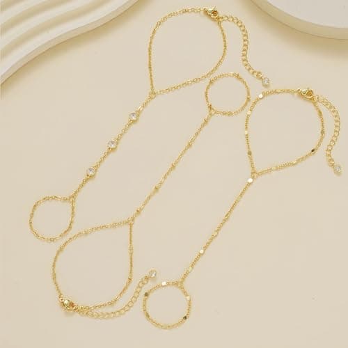 3PCS 14K Gold-Plated Hand Chain Bracelets for Women, Stack Bracelets Set Adjustable, Dainty Ring Bracelet Hand Chain — view 8