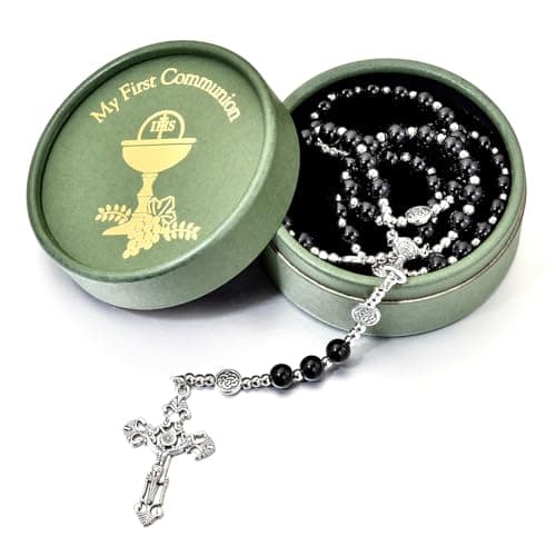 Merroyal Glass Pearl First Communion Rosary with Chalice Centerpiece and Ornate Crucifix, Boys and Girls, Includes Holy Cup Metal Gift Box and Satin Drawstring Bag, 18.5 Inches, Glass Pearl, glass — view 3