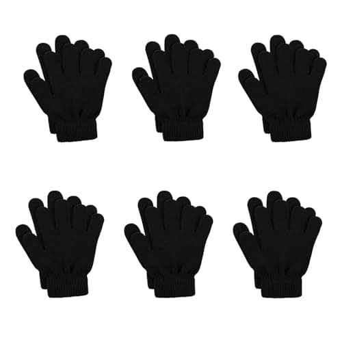 ONEREED 6 Pairs Kids Warm Magic Gloves Mittens Children Winter Stretchy Knit Gloves Boys Girls Black Knit Gloves