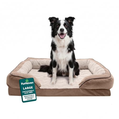 Furhaven Orthopedic Dog Bed for Large/Medium Dogs w/Removable Bolsters & Washable Cover, for Dogs Up to 55 lbs - Plush & Velvet Waves Perfect Comfort Sofa - Brownstone, Large