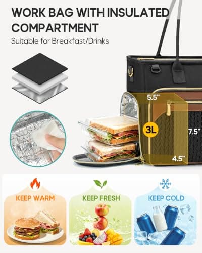RAINSMORE Teacher Tote Bag for Women, 15.6 Inch Laptop Bag for Women with Insulated Lunch Compartment, Professional Teacher Bags Womens Briefcase for Office, College, Nurse, Black — view 3