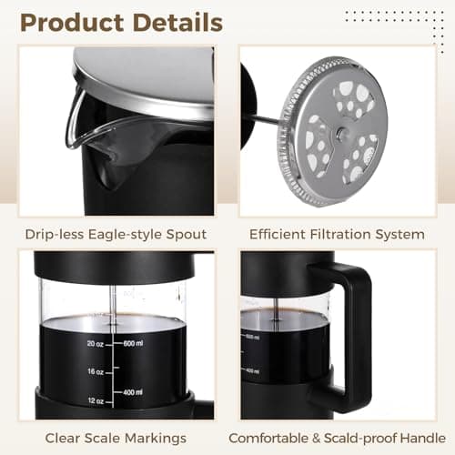 Press Coffee Maker, 34 oz Heat Tolerant Thickened Borosilicate Glass Coffee Pot, Tea Maker with Fine 80 Mesh Filter and No drip Spout, Large Capacity Brewer for Home and Office — view 4