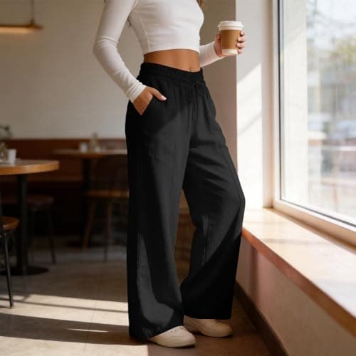 Rseomihvy Women's Cotton Linen Pants Summer Straight Wide Leg Trousers Drawstring Elastic Waist Loose Beach Vacation Outfits Black — view 4