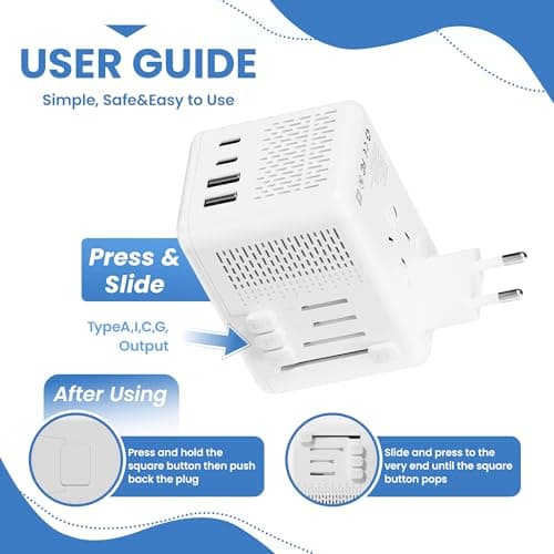 IPLUSO Converter for European Travel, Specially for Hair Dryers, 220v to 110v Voltage Converter with AC Socket, 2 USB C & 2 USB A Ports, Compact Voltage Converter US to Europe (White) — view 5