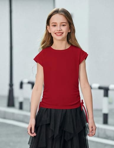 Arshiner Girls Summer Tops Trendy 2026 Ruched Cap Short Sleeve Tshirts Shirts Crew Neck T Shirts Red 9-10 Years