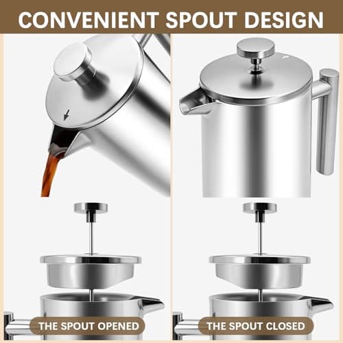 CAOANTRY French Press Coffee Maker, 304 Grade Stainless Steel French Press with 2 Extra Filters for Home, Office, Travel, Camping - 34OZ/1 Litre (Sliver) — view 3