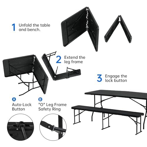 6 FT Black Picnic Folding Table Set with 2 Benches, Portable Patio Dining Sets for Backyard, Lawn, Event, Party, Camping — view 4