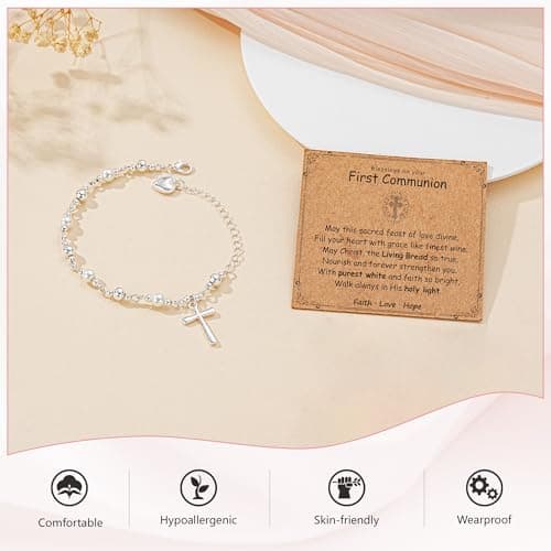 Jesvo First Communion Gifts for Girls, Pearl Cross 1st First Holy Communion Bracelet Tween Catholic Christian Religious Jewelry for Teens Teenage Kids — view 3