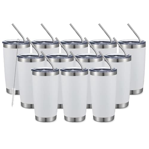 COMOOO 20oz White Tumbler Bulk Double Wall Vacuum Insulated Travel Mug Stainless Steel Coffee Mug with Lid and Straw Durable Powder Coated Insulated Coffee Cup for Cold & Hot Drinks (white,12 pack）