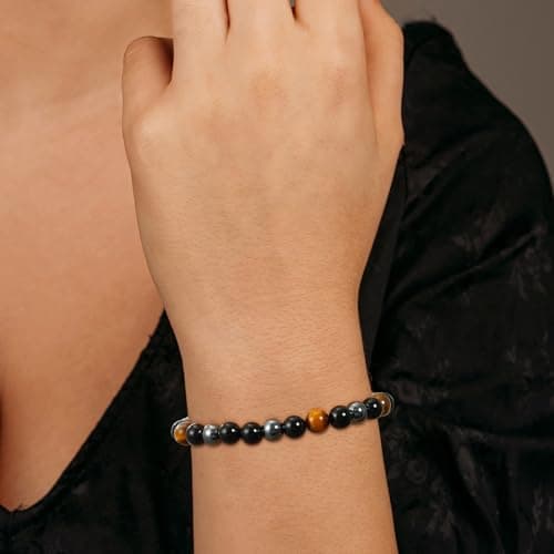Gnamy Triple Protection Bracelet Gifts for Women, Healing Crystal Beaded Bracelets Hematite Black Tourmaline Tigers Eye Natural Worry Stones Anxiety Birthday Mothers Day Jewelry Presents for Mom Mother Her Adults Grandma — view 4