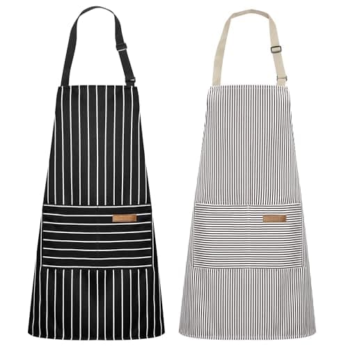 Syntus Apron for Men Women, Adjustable Cooking Kitchen Chef Aprons with 2 Pockets, Basic Stripe Black Brown, 2 Polycotton