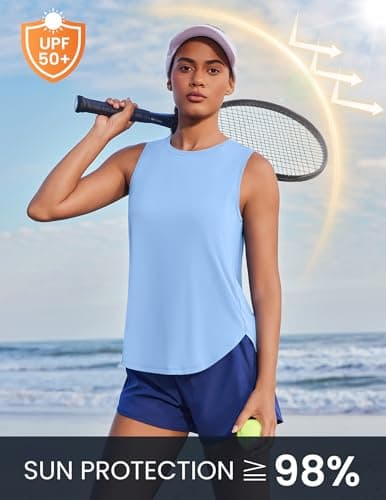 PINSPARK Women's Workout Tank Tops Back Pleat Loose Fit Sleeveless Yoga Athletic Shirts Soft UPF 50+ Cooling Running Gym Tops, Light Blue, Medium — view 3