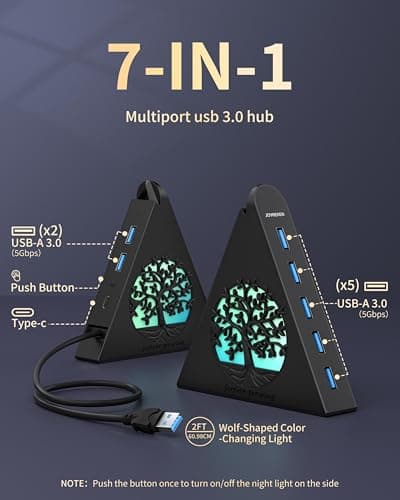 JoyReken 7-Port USB 3.0 Hub, Vertical USB Hub Splitter with RGB Tree Lighting, 5Gbps High-Speed Data Transfer and 2FT Extension Cable, Compatible with PC, MacBook, Laptop, PS5, Xbox, Flash Drive — view 3